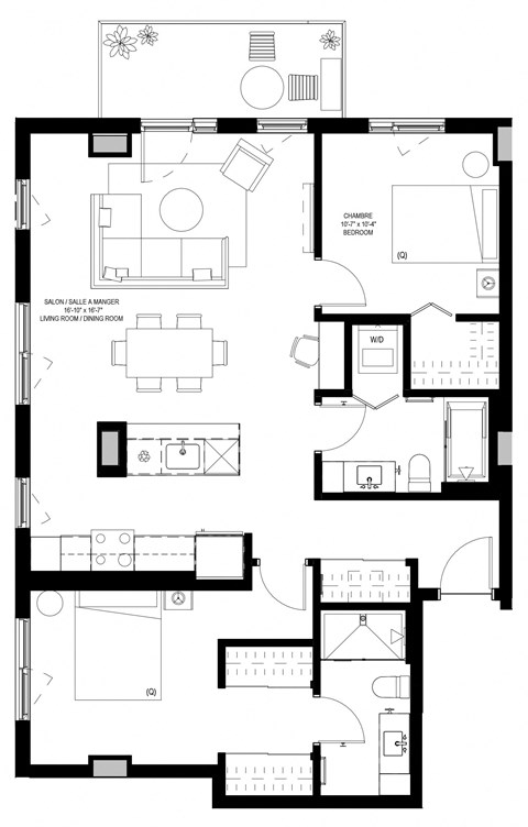 Floor plan for 2 beds, 2 baths, 1046 sqft